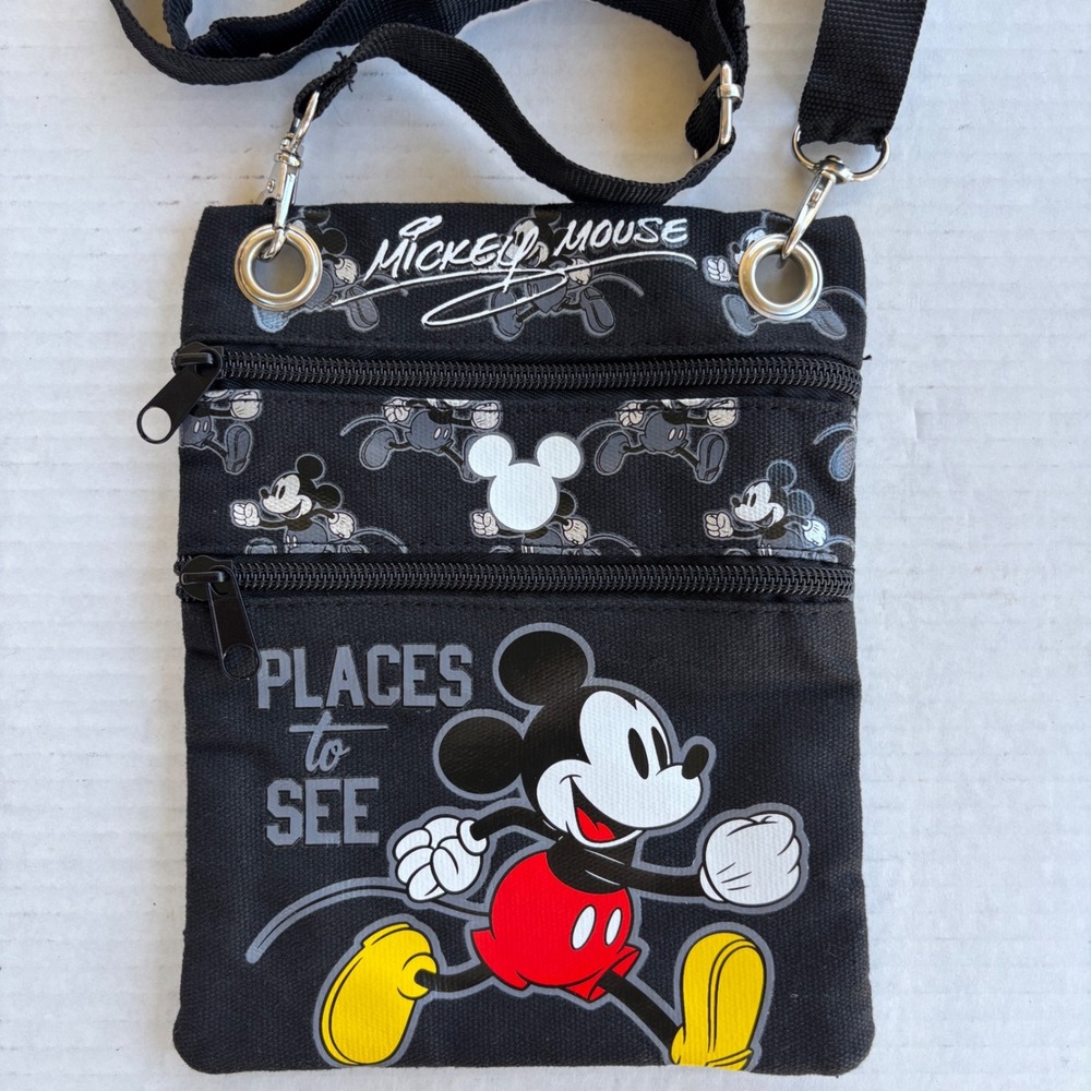 Disney Mickey Mouse Places to See Crossbody Passport Bag Travel Pouch Black